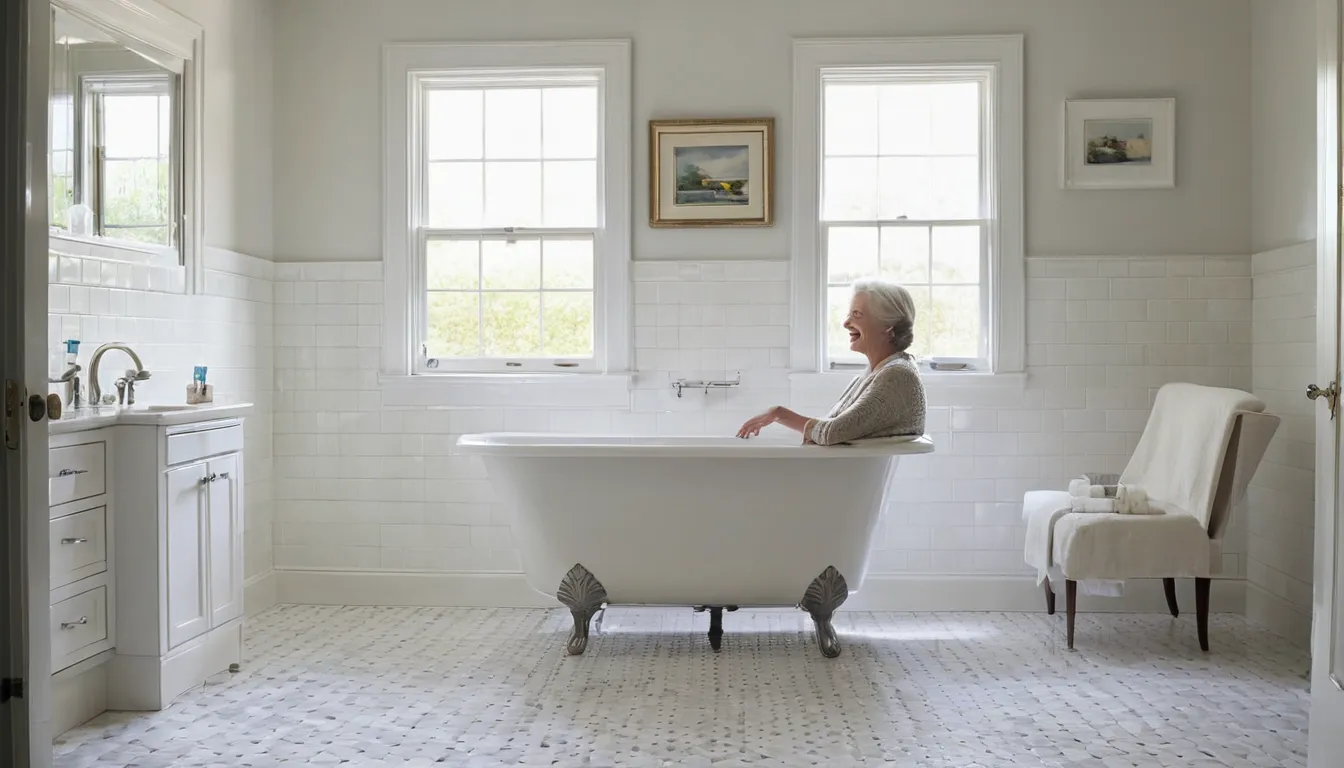 Senior homeowner sitting comfortably in a walk-in tub with the door closed in a bright Waterbury bathroom